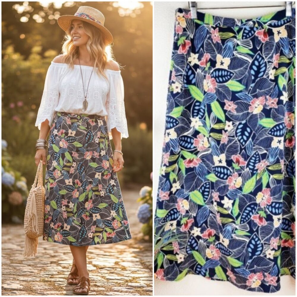 Vintage Y2K Midi Skirt A-line Colorful Floral Print size 8